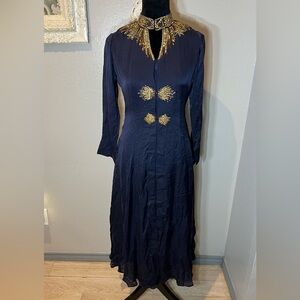 Elegant Navy Blue Dress with Gold Accents